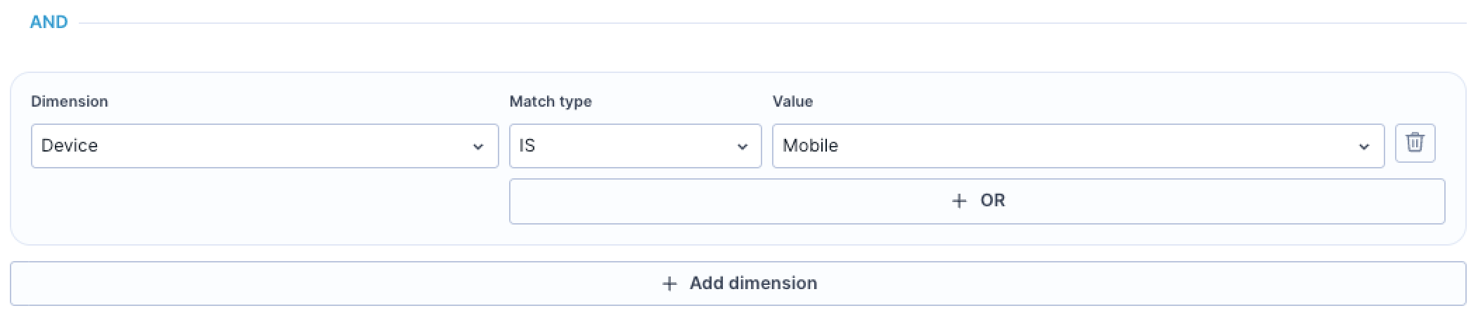 Device dimension with the IS match type and a device value selected.