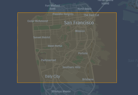 Example of Bounding Boxing with coordinates (north : 37.79287, south : 37.68127, east : -122.34480, west : -122.54244)