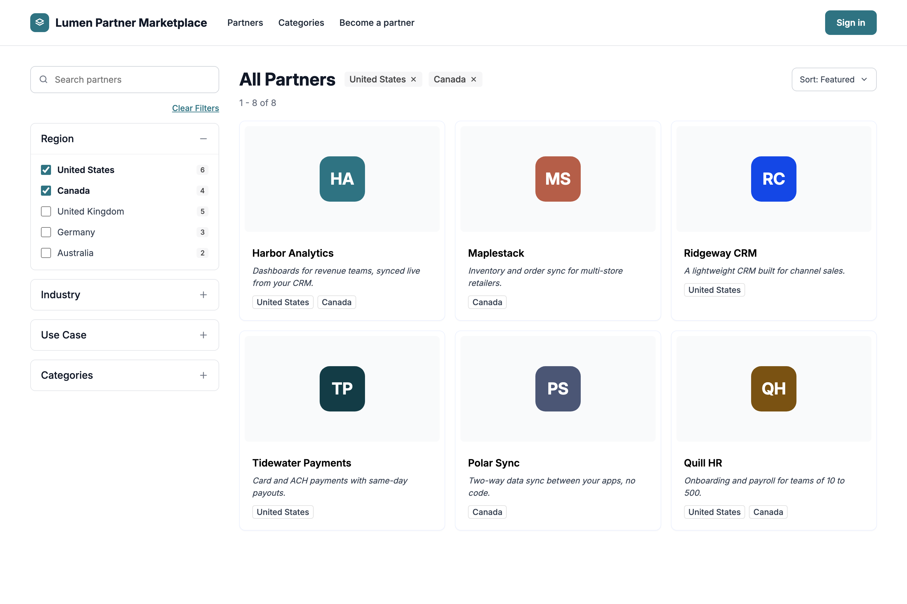 Marketplace filter with US and Canada selected under Region, showing listings that match either.