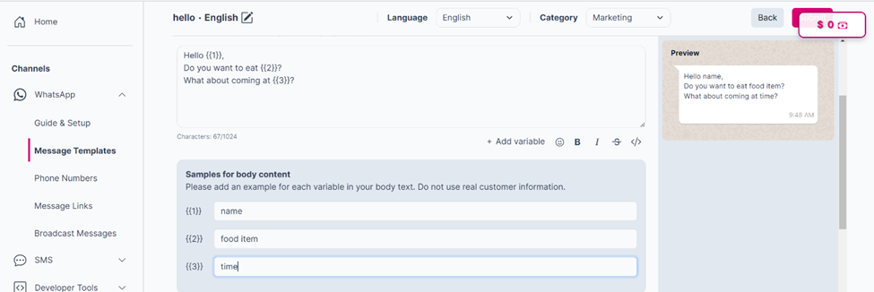 Figure 42: Adding variable in the message templates.