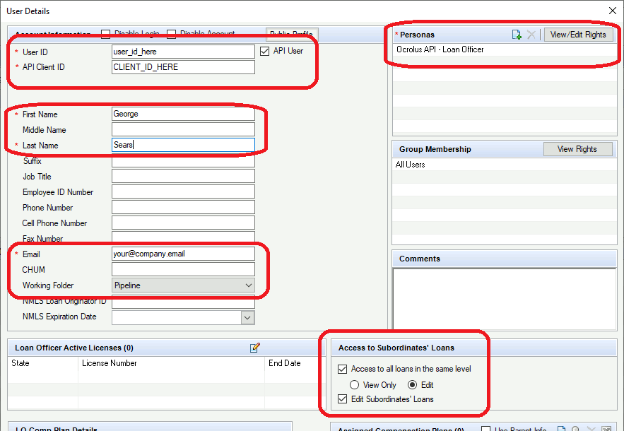 The User Details window for a newly-created Encompass user. The fields that must be properly configured for Ocrolus compatibility are highlighted.