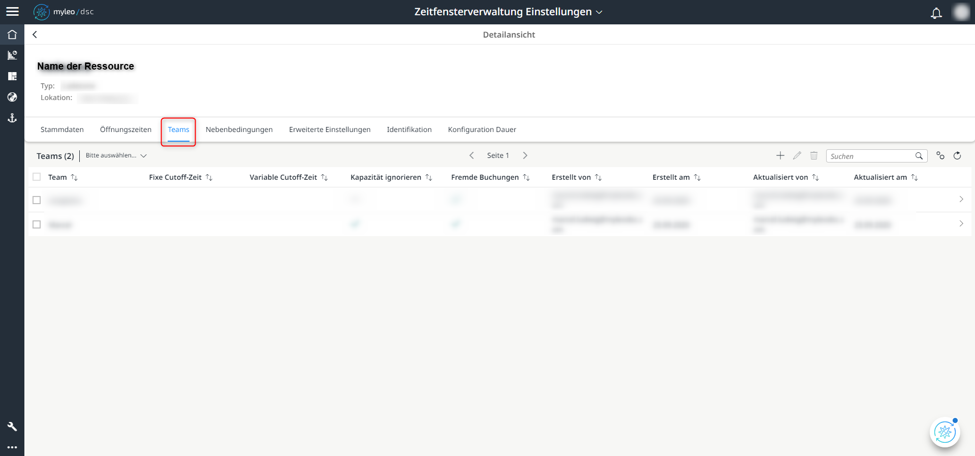 Auswahl des Tabs "Teams" innerhalb der Detailansicht der Ressource