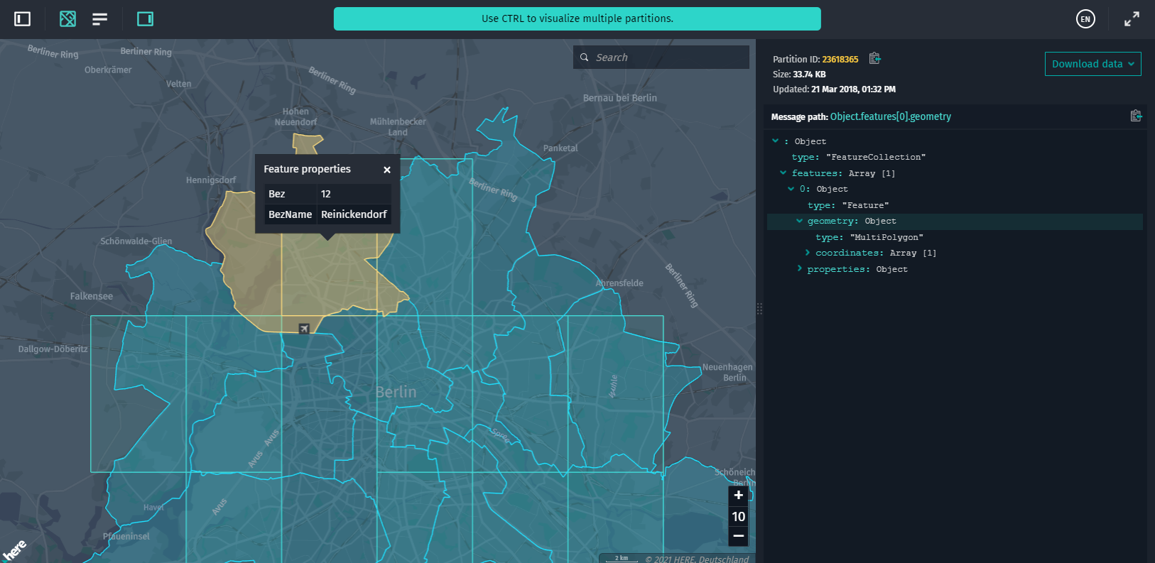 Outlines of Berlin districts partitioned by the geographic center of each polygon