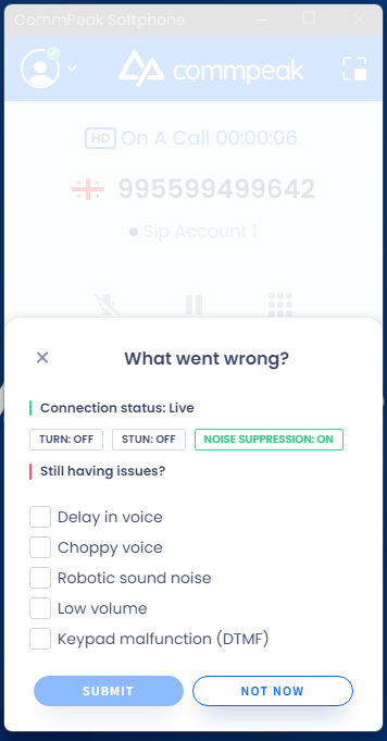 Screenshot of the "Trouble during the call?" form with the status indicators