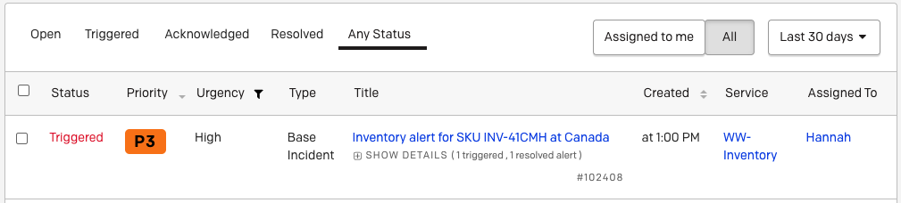 Merged incident A screenshot of the PagerDuty web app showing a merged incident