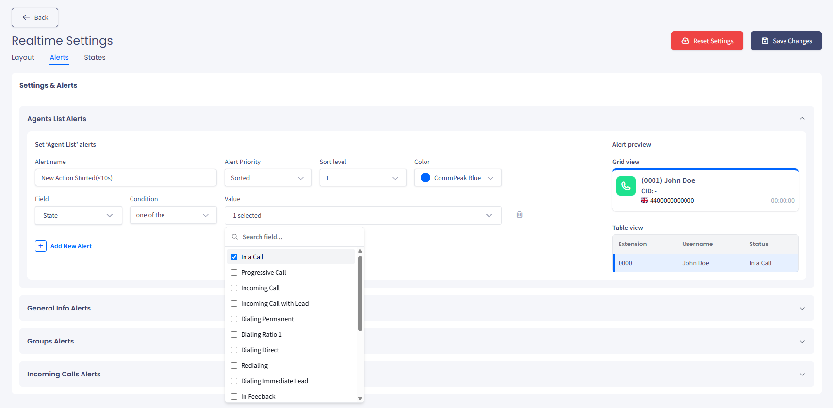 Screenshot of the Alert settings