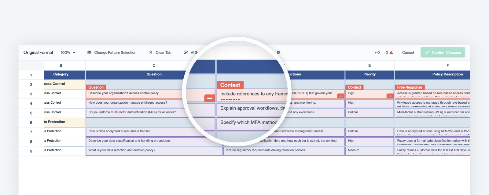 The mapping screen showing automatic detection of question, context, and multiple response columns.