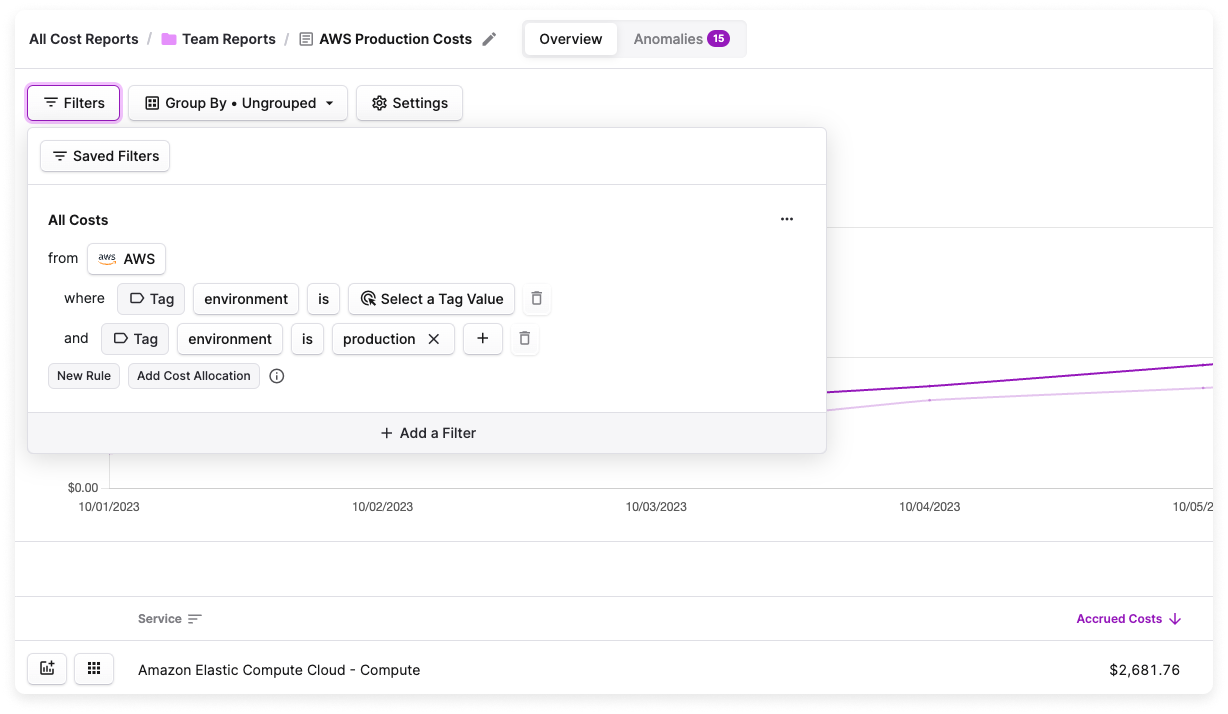 Cost Report with filter for production costs in Vantage console