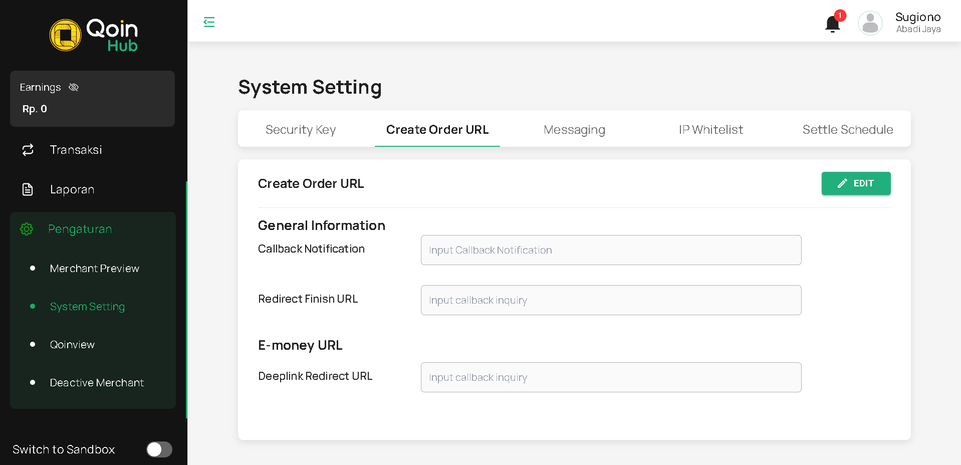 Halaman System Setting - Create Order URL