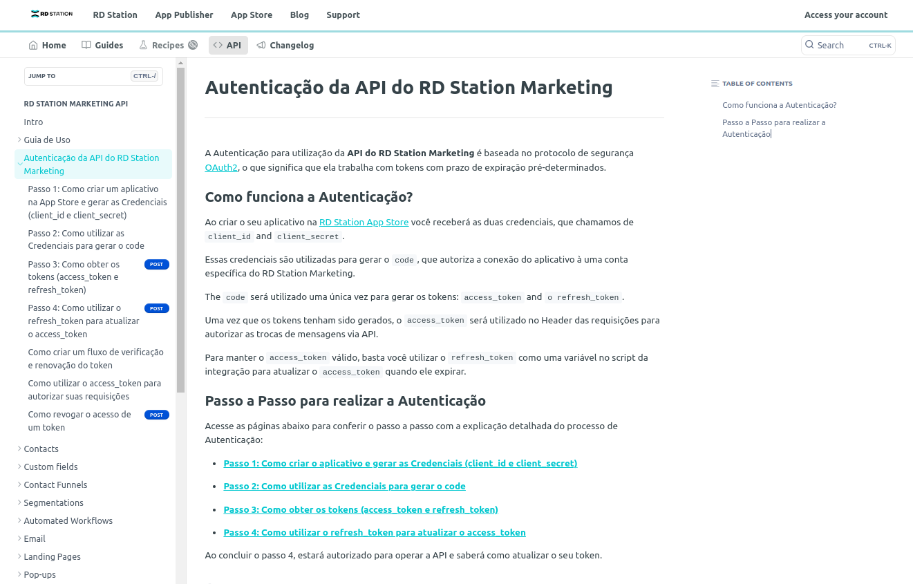 Imagem da página principal de Autenticação da API do RD Station Marketing.