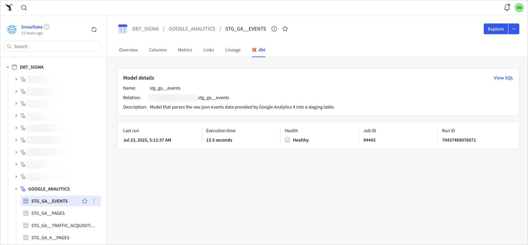 Data catalog for a Snowflake connection open with a table, STG_GA__EVENTS visible. The dbt tab is selected and shows Model details and other metadata described in surrounding text.