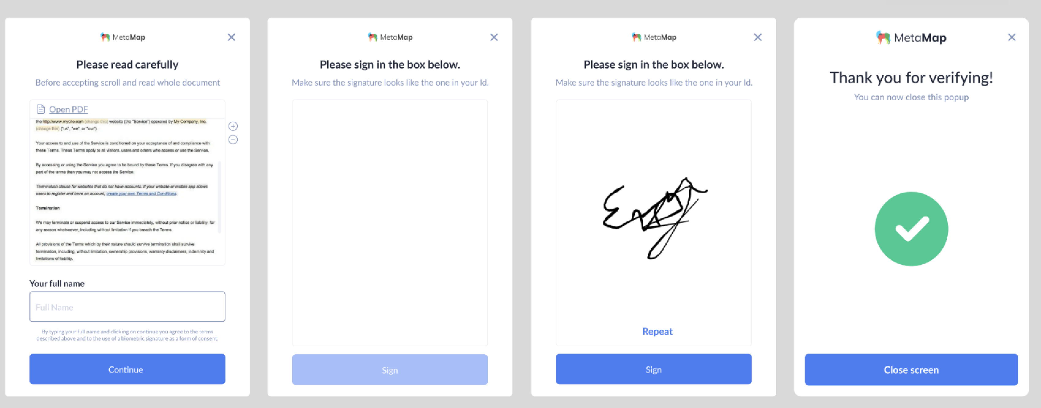 E-signature UI with typed signature, blank touch sign, filled touch sign, and verified screen