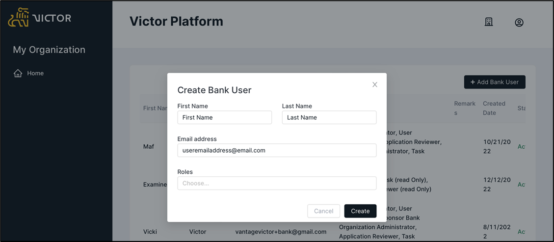 Figure 3. Create Bank User modal