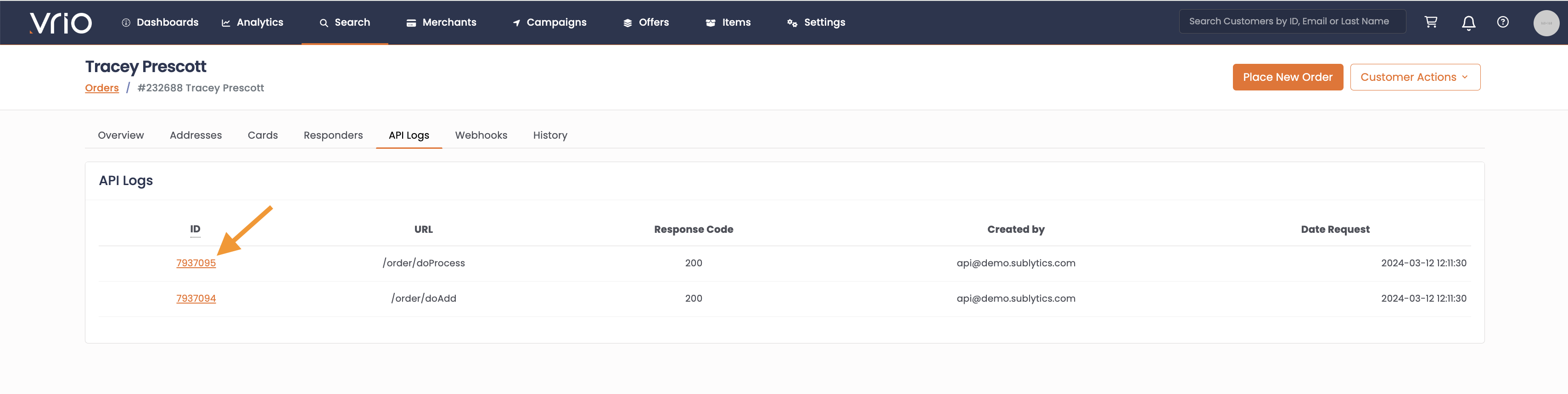 List of API Requests for a customer