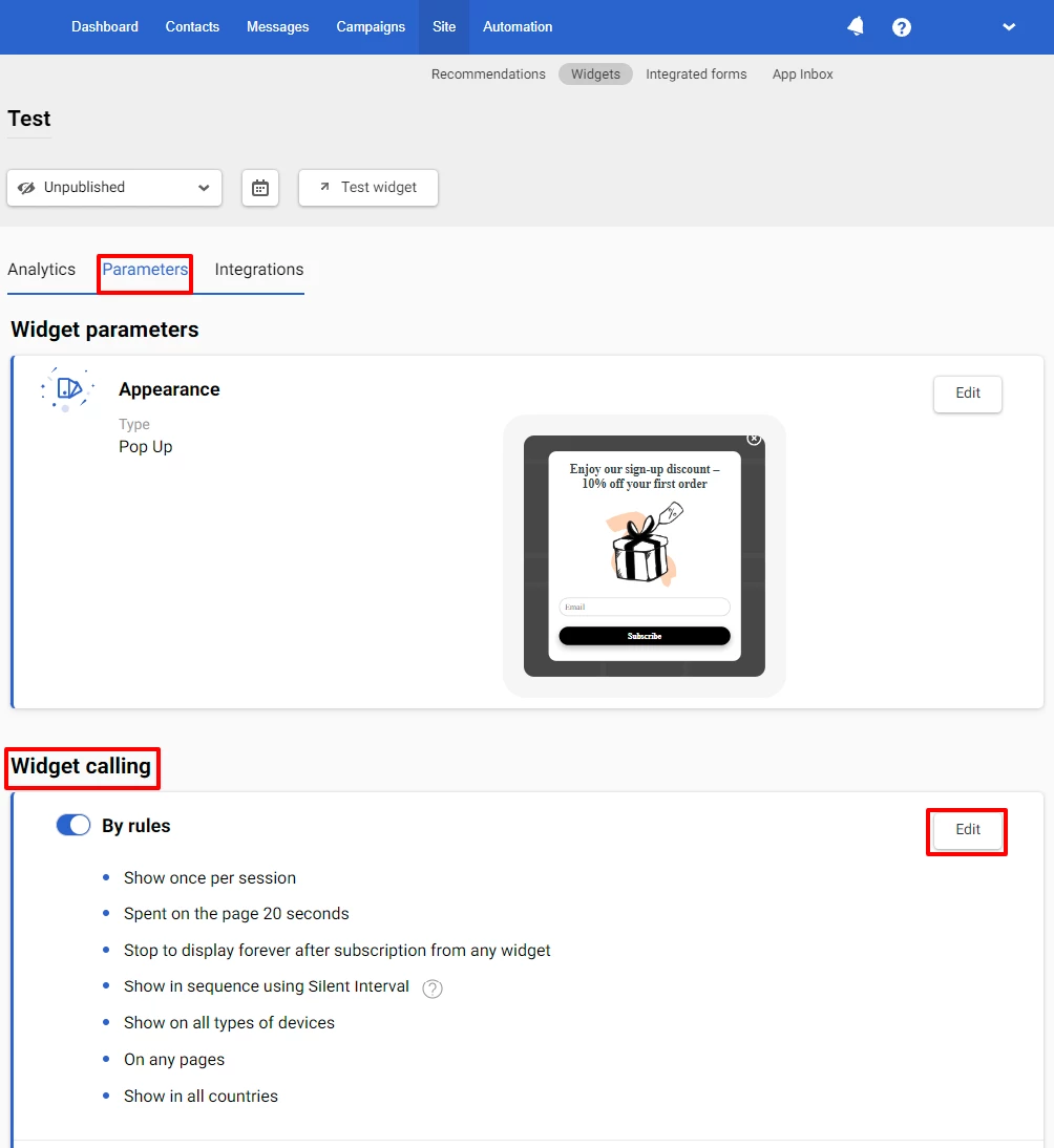 Selecting to edit parameters