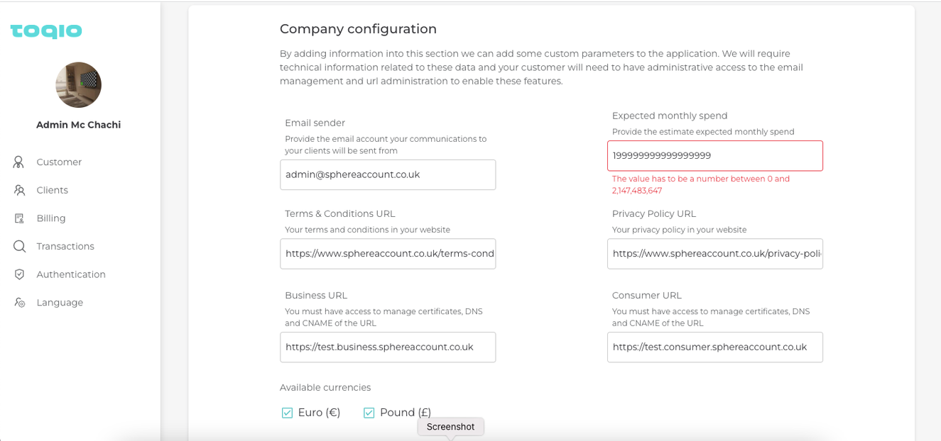 Expected monthly spend in Admin customer profile