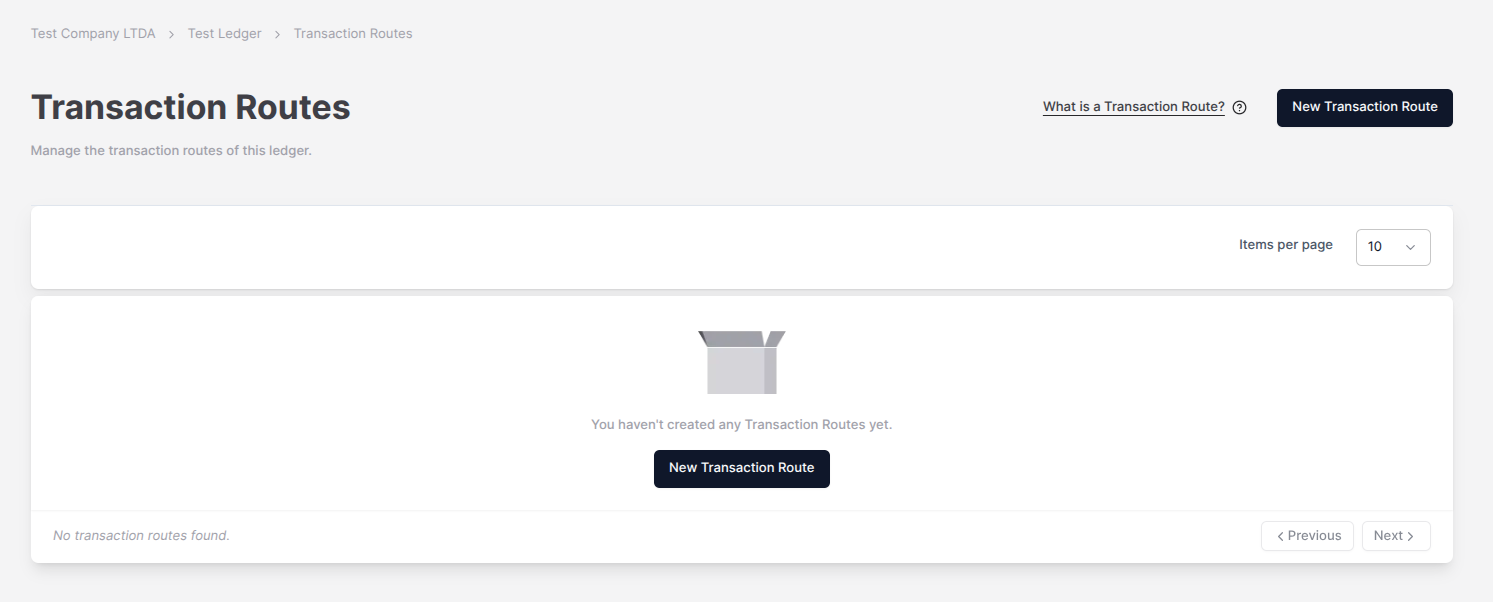 Figure 2. The Transaction Routes page with no records dislayed.