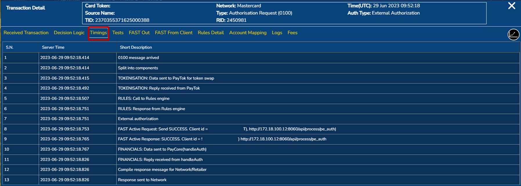 Transaction screen: timings