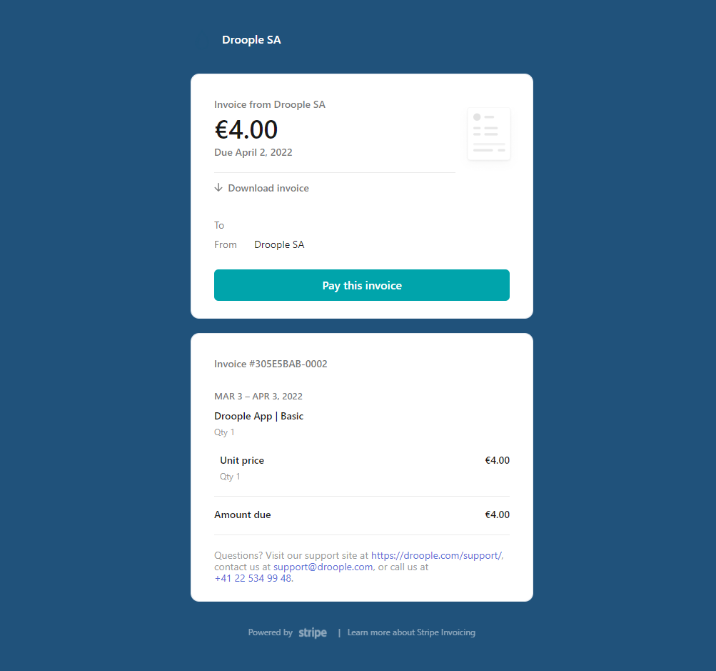 Your first Droople software invoice