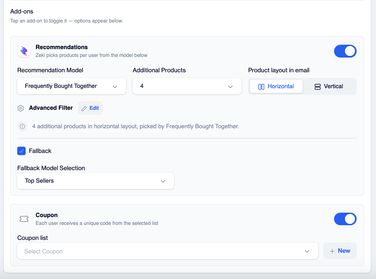 the Recommendations and Coupon add-ons.