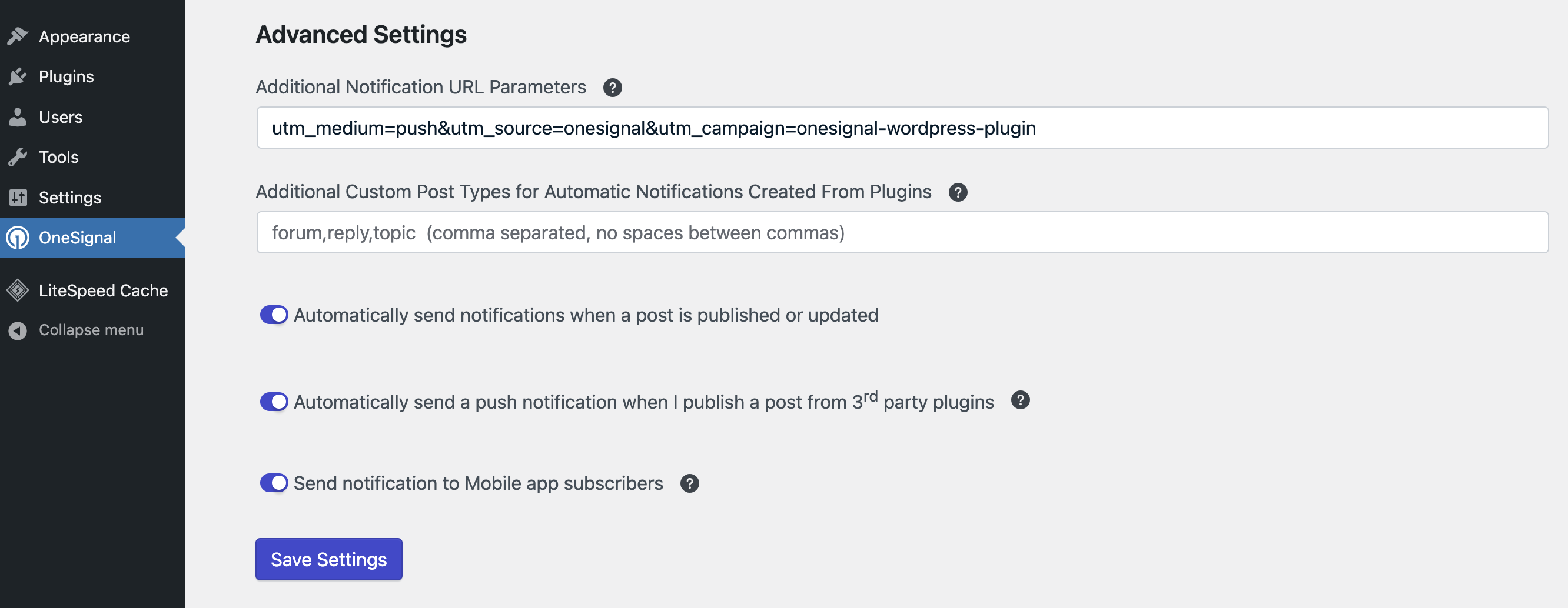 Advanced OneSignal WordPress Settings.