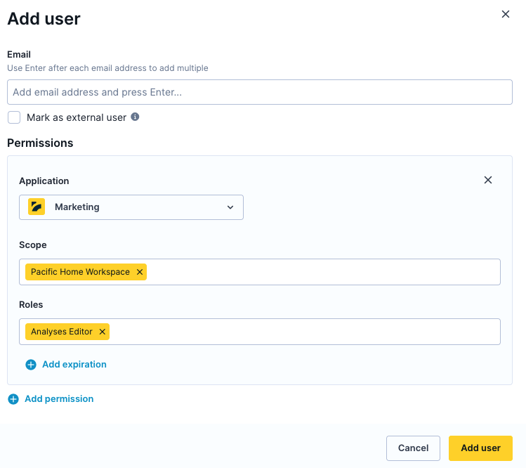 Completed Marketing user form showing email address, workspace selection with multiple projects, and assigned roles
