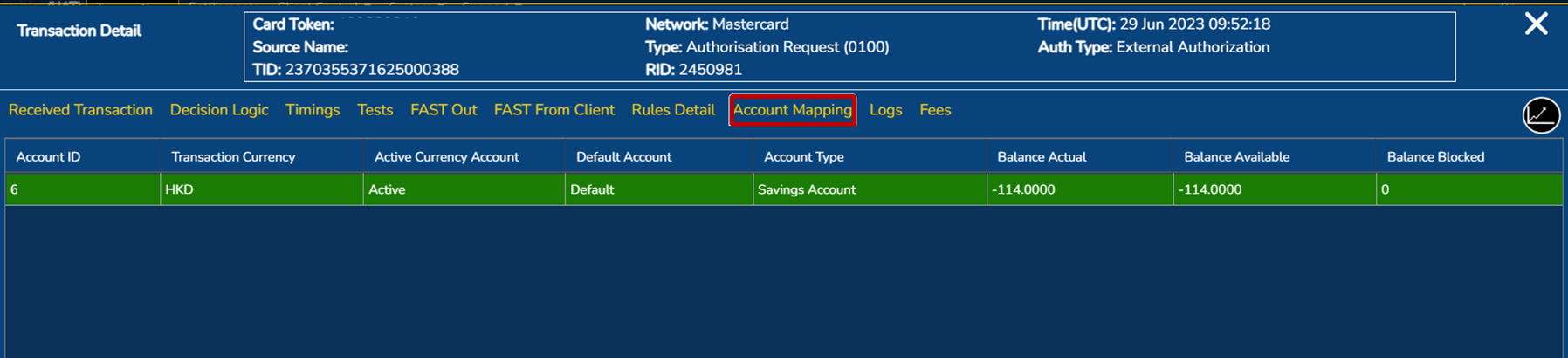 Transaction screen: account mapping