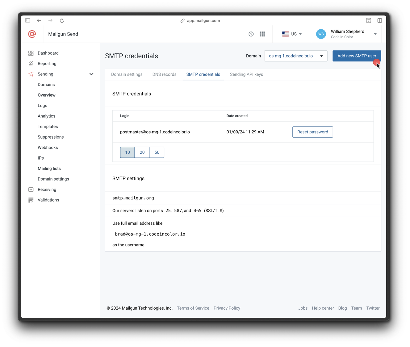 Navigating to the New SMTP credentials form