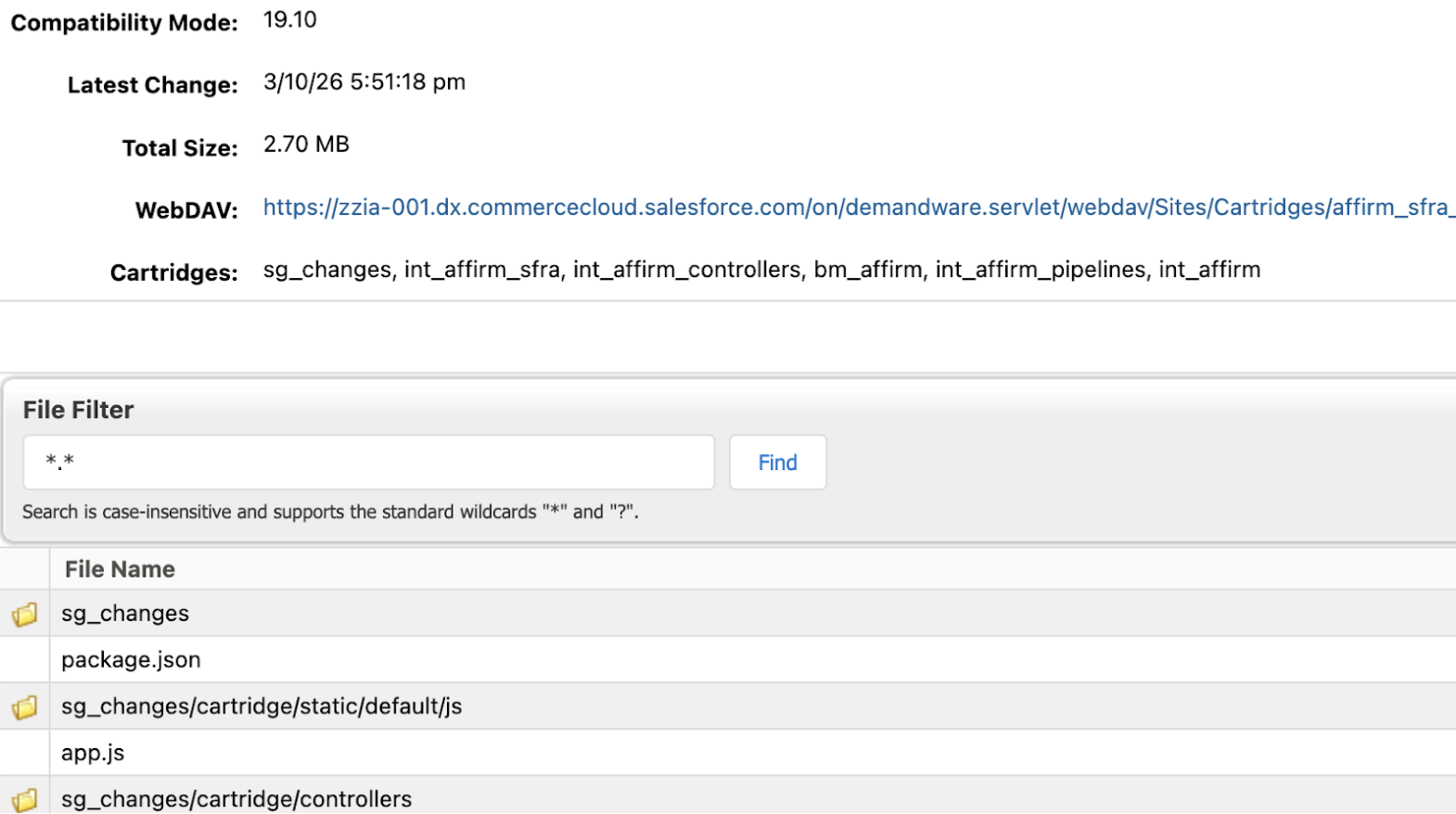 screenshot of the code version listed and the cartridge files
