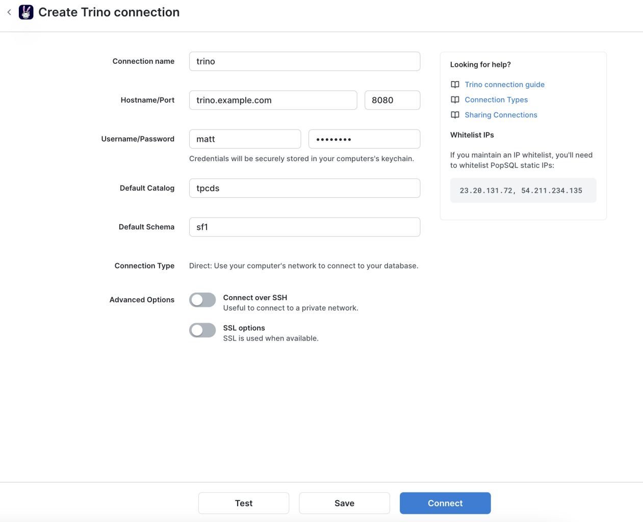 Screenshot of the trino connection form