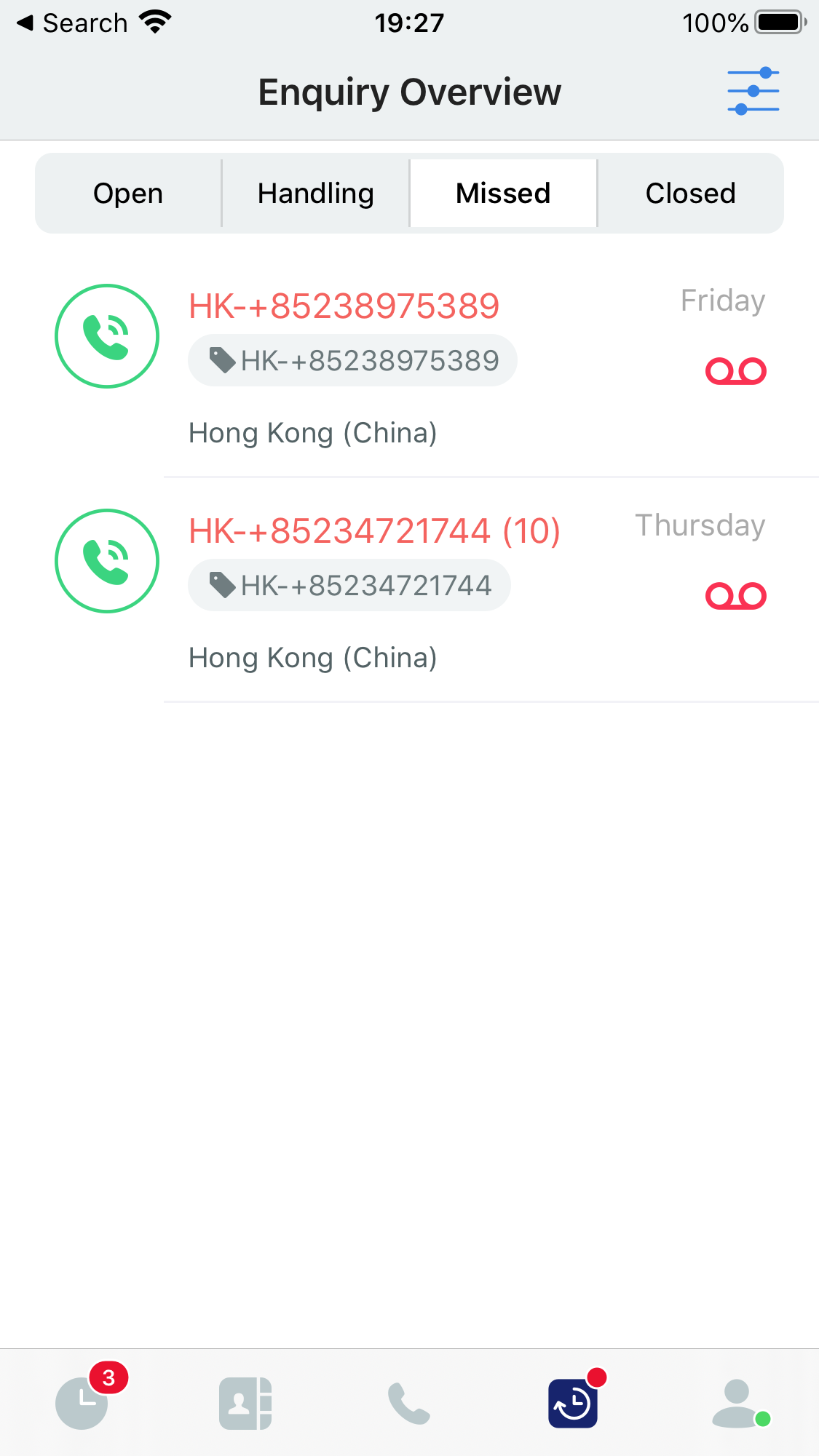 Missed Enquiry with Voicemails only