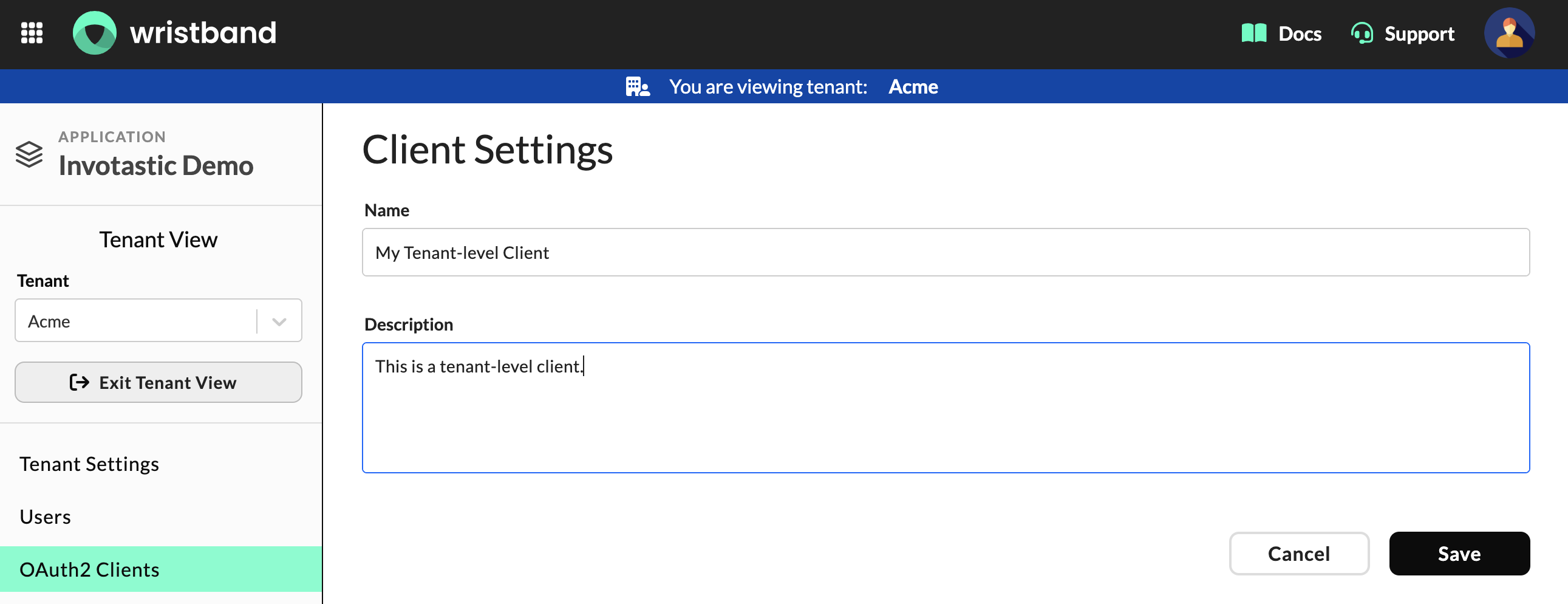 Client Settings section on the Edit Client page for a tenant-level M2M client showing Name and Description fields.