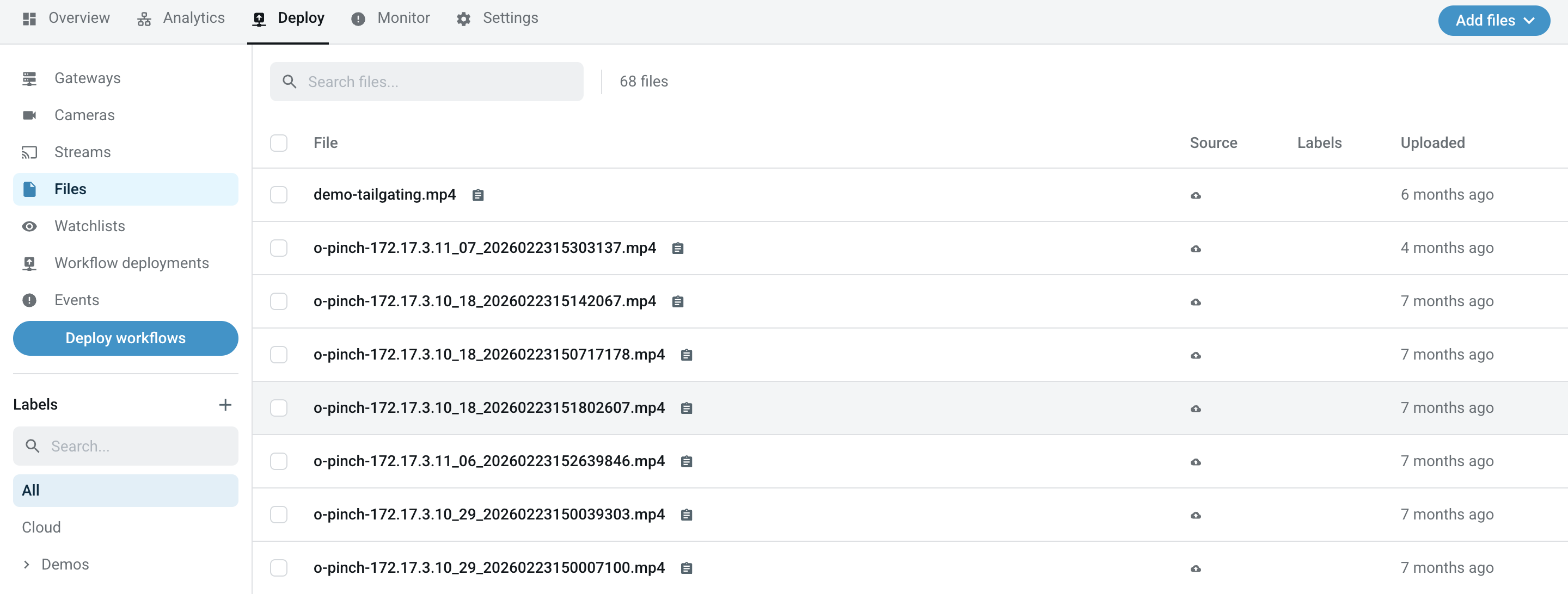 Deploy -> Files view lists all the File streams in your workspace