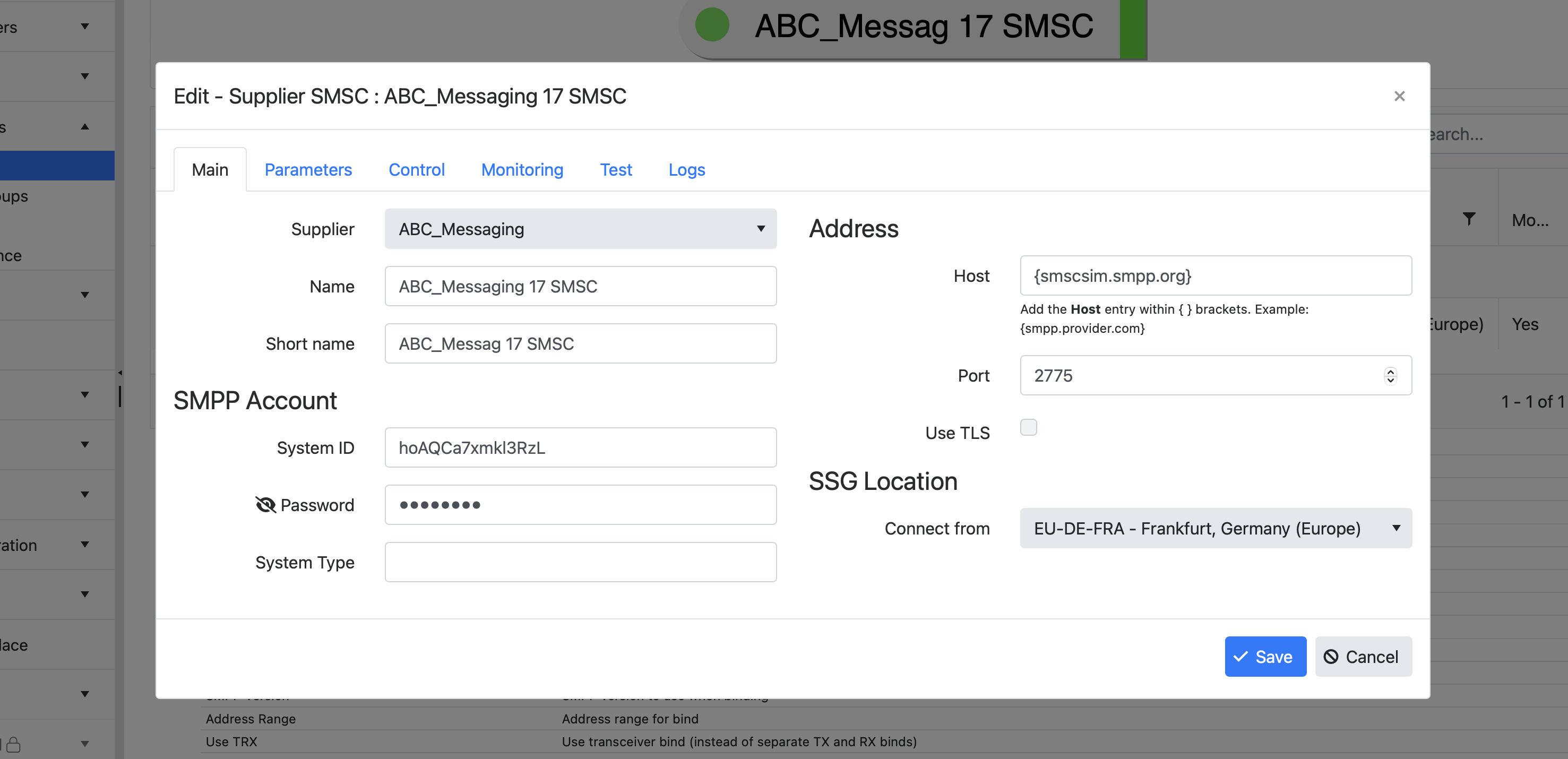 SMSC connection dialog