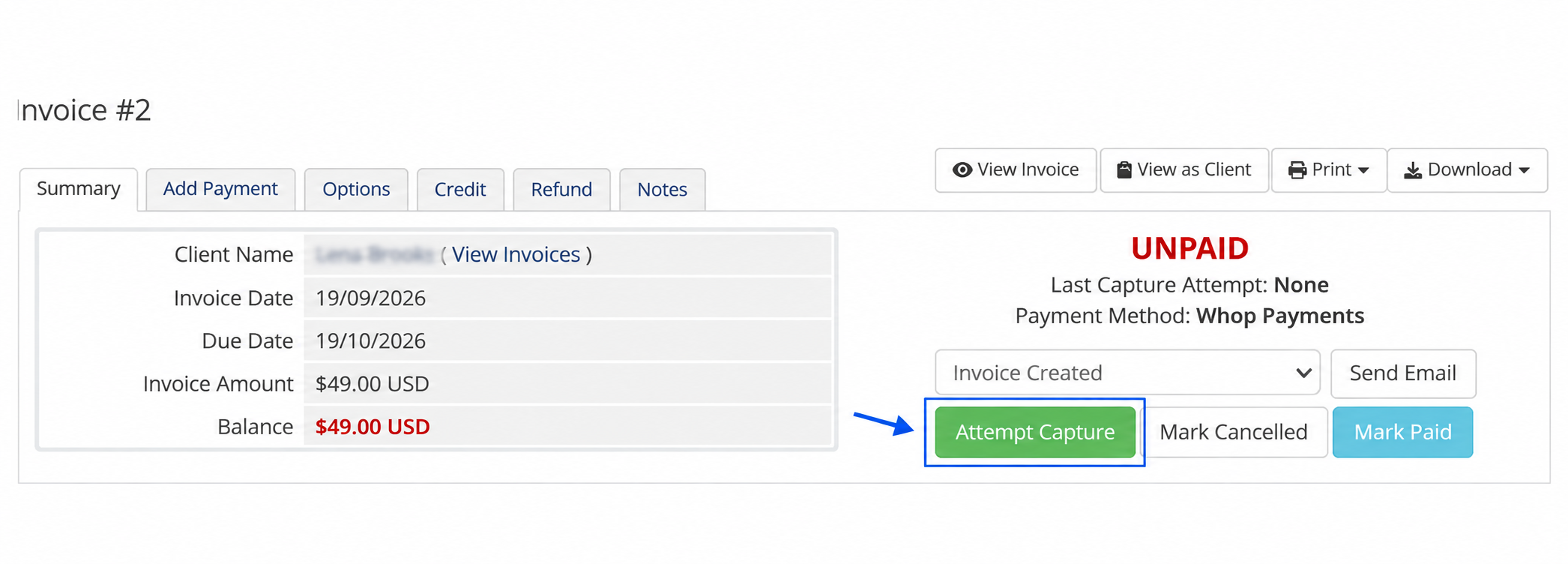 Attempt Capture on an unpaid invoice