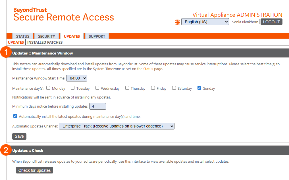 BeyondTrust Secure Remote Access interface showing the 'Updates' tab under Virtual Appliance Administration. The page includes a button labeled 'Check for updates' and instructions indicating that this interface is used to view and install available software updates released by BeyondTrust.