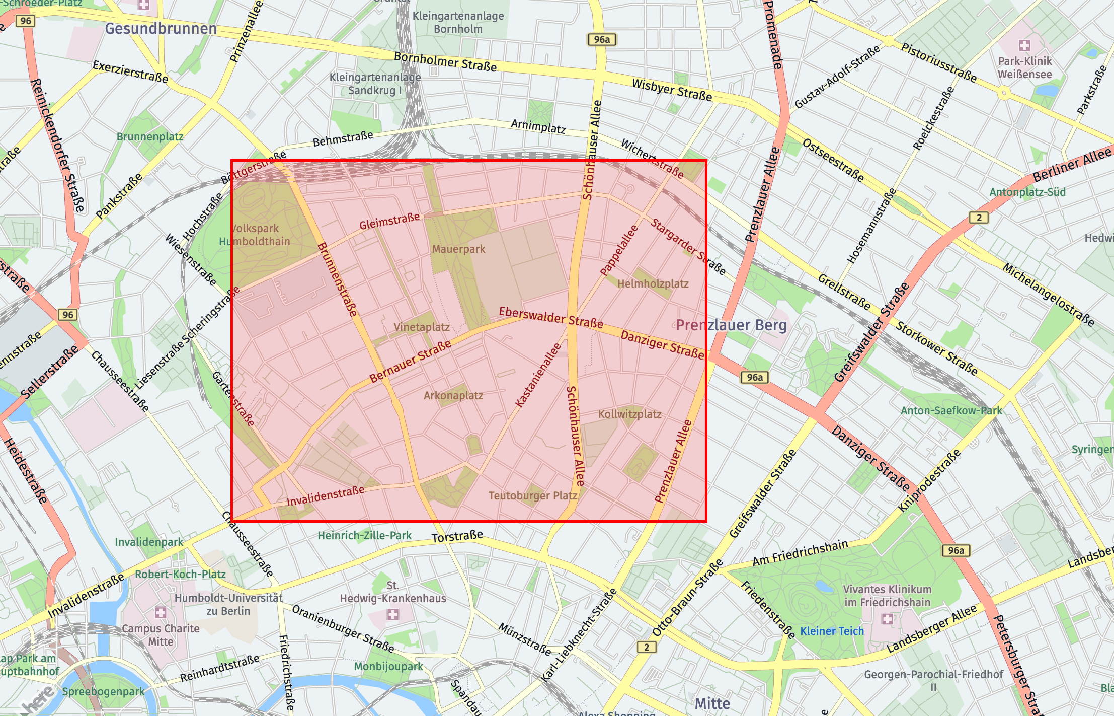 A representation of a bounding box filter laid over a map of Mitte, Berlin