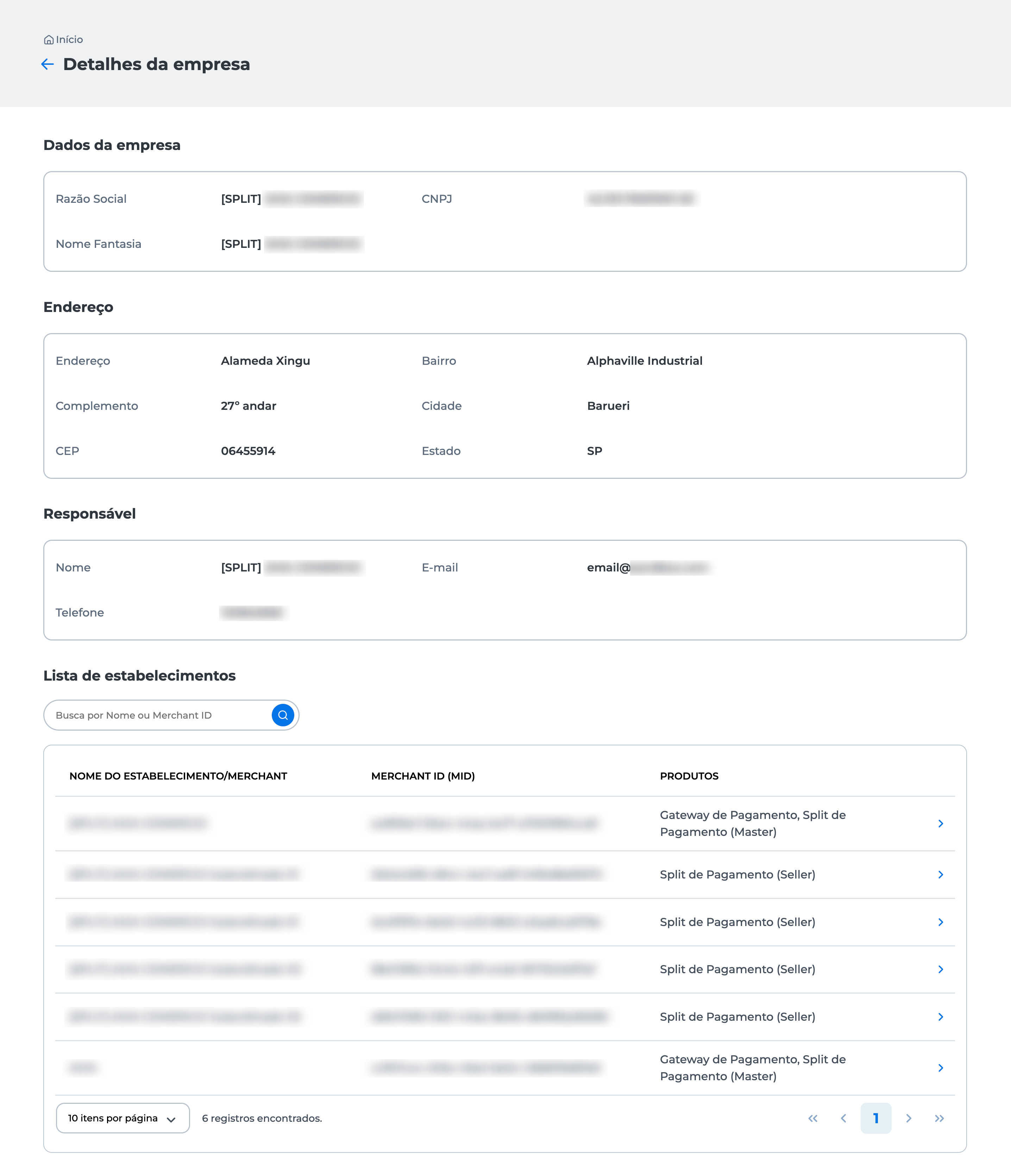 Tela de detalhes da empresa no Portal E-commerce, exibindo seções com dados cadastrais, endereço, responsável pela conta e uma lista de estabelecimentos vinculados ao CNPJ.