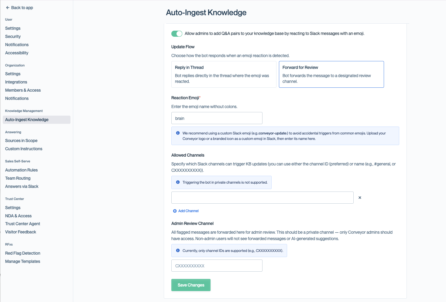 The Knowledge Update via Slack settings with the Forward for Review update flow selected, showing the Reaction Emoji field, Allowed Channels list, and the Admin Review Channel field with a channel ID placeholder and a note that only channel IDs are supported.