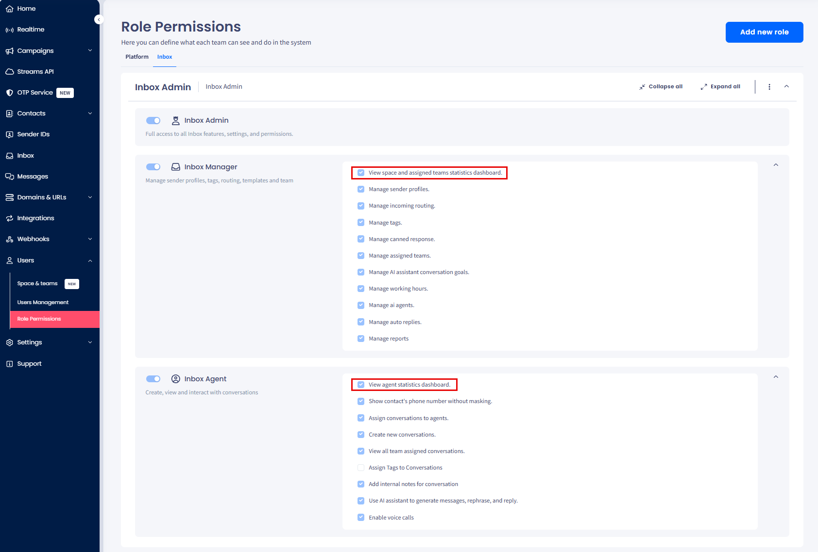 Screenshot of the Role Permissions tab