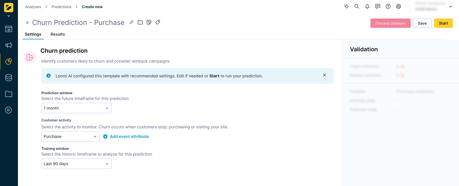 Configure churn prediction.