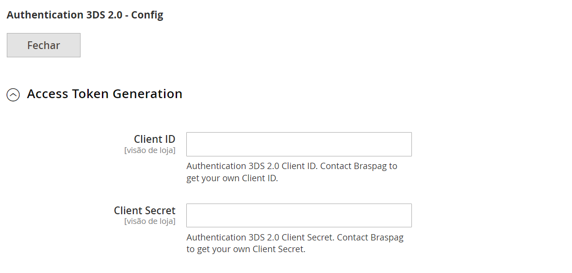 Tela com os campos de configuração a serem preenchidos na seção Authentication 3DS 2.0 - Config