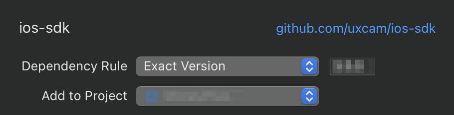 <p align="center" style="font-size: 13px">Specify the ‘Exact version’ 3.5.0 <br/> URL: https://github.com/uxcam/ios-sdk
</p>