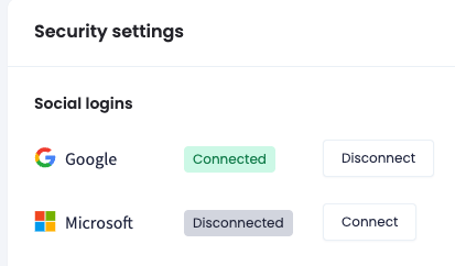 Screenshot of the Security settings section with Social logins with Google Connected and Microsoft Disconnected