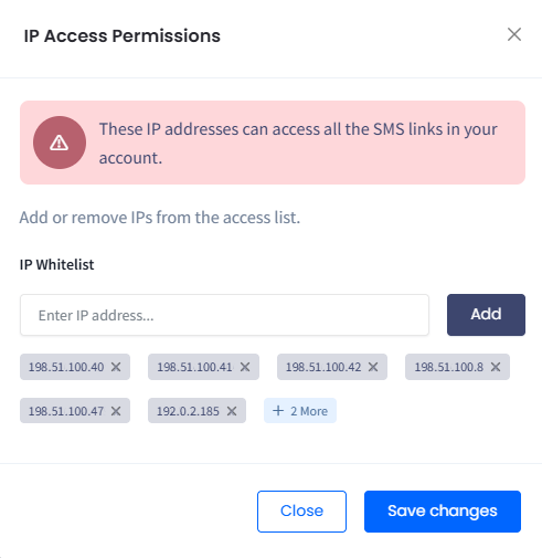 Screenshot of the IP Access Permissions page