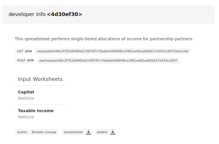 The request and describe API paths are displayed on the developer info panel located on the View Pebble page accessible on the Pebble Flow server.