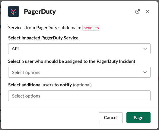 A screenshot of the Slack UI prompting the user to select a PagerDuty user