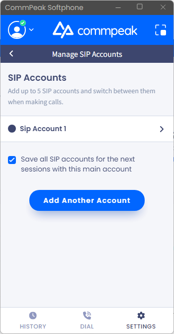 Screenshot of the Manage Sip Accounts tab