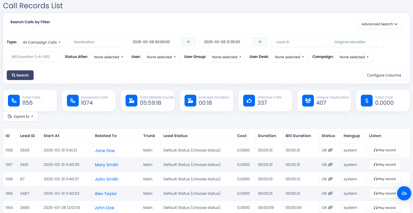 Screenshot with Call Records List report