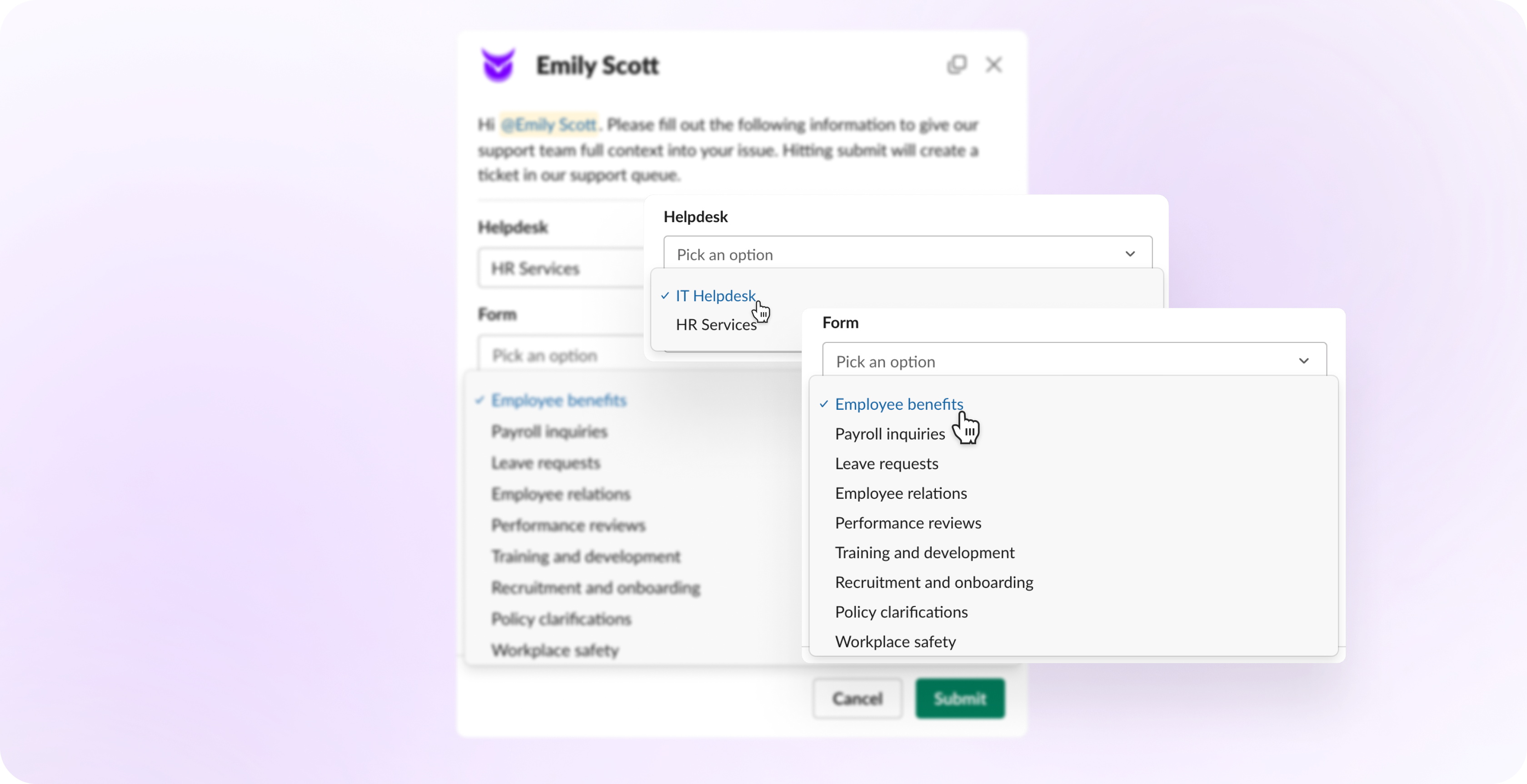Helpdesk and form selection during ticket creation on Slack